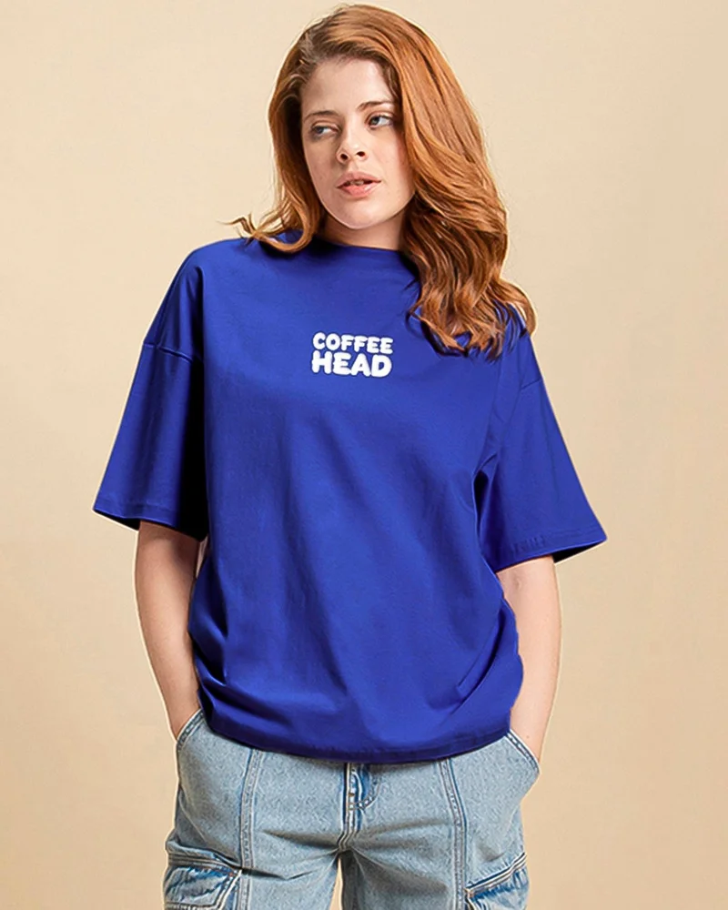 بيواكوف تيشيرت نسائي أزرق بطبعة قهوة مقاس كبير